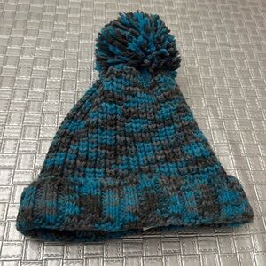 Children’s Place Blue Gray Knit Pom Pom Beanie Hat Fleece Lined L/XL (8+)